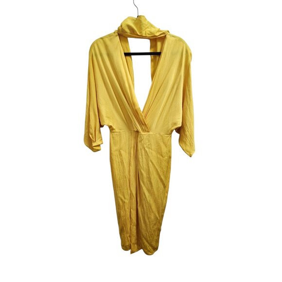 Diane von Furstenberg Yellow Draped Midi Dress Women’s Size 4 Silky Deep V Neck - Picture 2 of 12